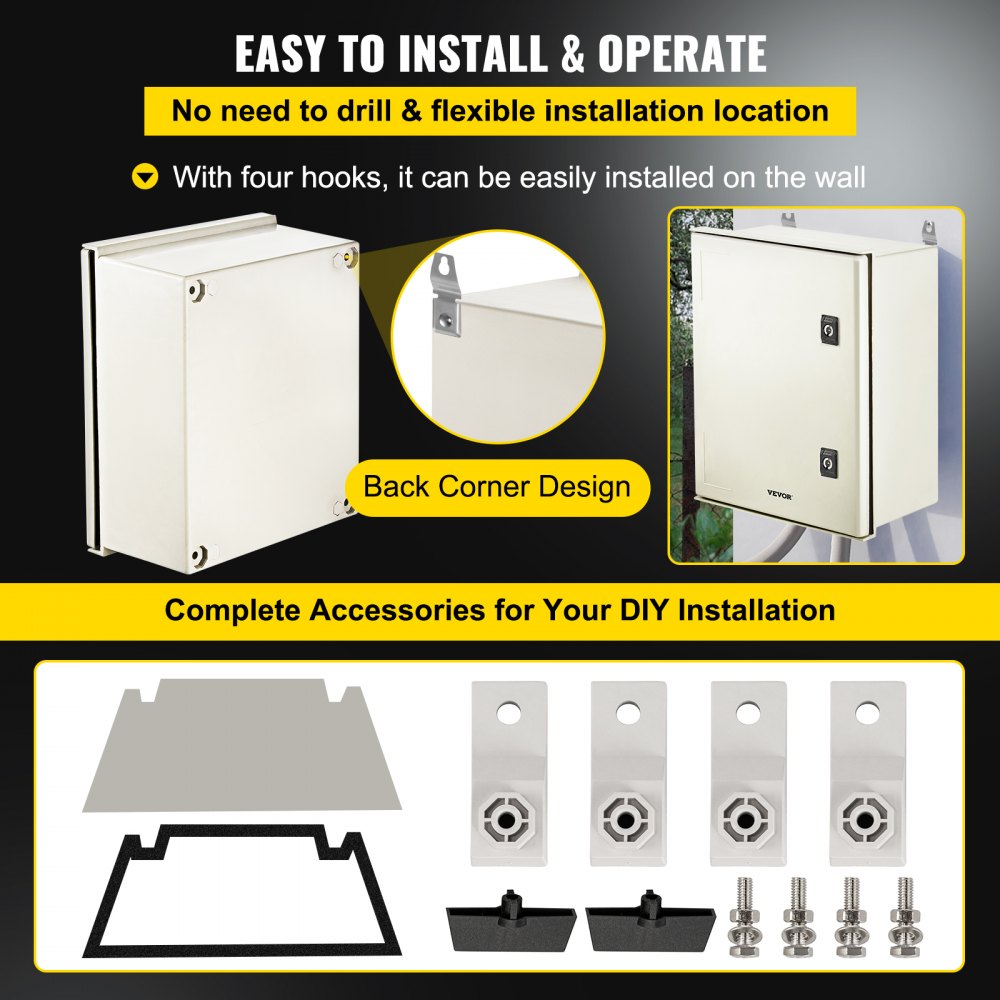 VEVOR NEMA Steel Enclosure, 16 x 12 x 8\'\' NEMA 4X Fiberglass Electrical Box, IP66 Waterproof & Dustproof, Outdoor/Indoor Electrical Junction Box, with Mounting Plate(40 x 30 x 20 cm)
