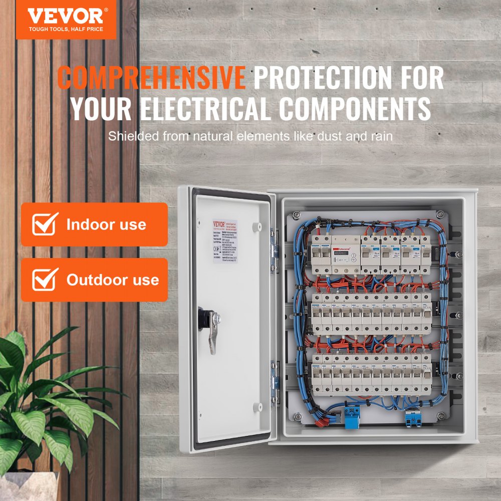 VEVOR NEMA Steel Enclosure, 24 x 16 x 9\'\' NEMA 4X Fiberglass Electrical Box, IP66 Waterproof & Dustproof, Outdoor/Indoor Electrical Junction Box, with Mounting Plate(60 x 40 x 23 cm)