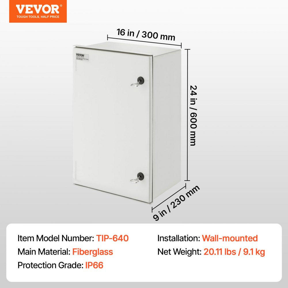 VEVOR NEMA Steel Enclosure, 24 x 16 x 9\'\' NEMA 4X Fiberglass Electrical Box, IP66 Waterproof & Dustproof, Outdoor/Indoor Electrical Junction Box, with Mounting Plate(60 x 40 x 23 cm)