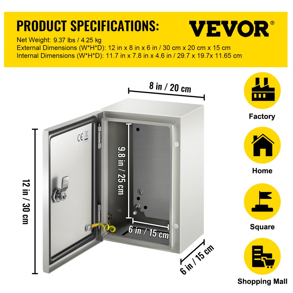 VEVOR NEMA Steel Enclosure 12×8×6,NEMA 4X Steel Electrical Box,IP66 Waterproof & Dustproof,Outdoor/Indoor Electrical Junction Box,with Mounting Plate