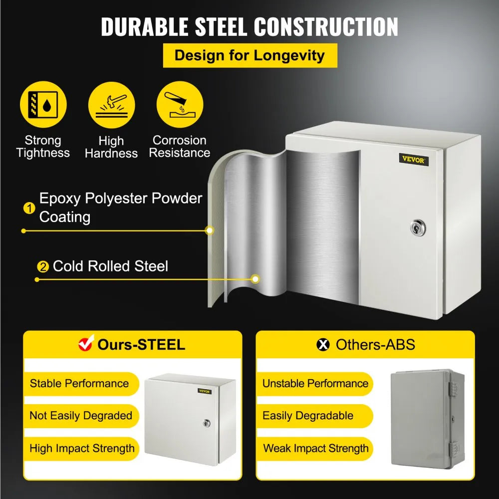 VEVOR NEMA Steel Enclosure, 12 x 12 x 6\'\' NEMA 4X Steel Electrical Box, IP66 Waterproof & Dustproof, Outdoor/Indoor Electrical Junction Box, with Mounting Plate