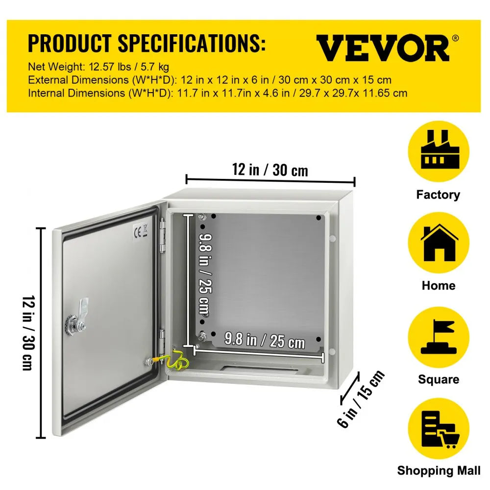 VEVOR NEMA Steel Enclosure, 12 x 12 x 6\'\' NEMA 4X Steel Electrical Box, IP66 Waterproof & Dustproof, Outdoor/Indoor Electrical Junction Box, with Mounting Plate