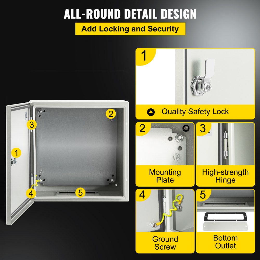 VEVOR NEMA Steel Enclosure, 16 x 16 x 6\'\' NEMA 4X Steel Electrical Box, IP66 Waterproof & Dustproof, Outdoor/Indoor Electrical Junction Box, with Mounting Plate