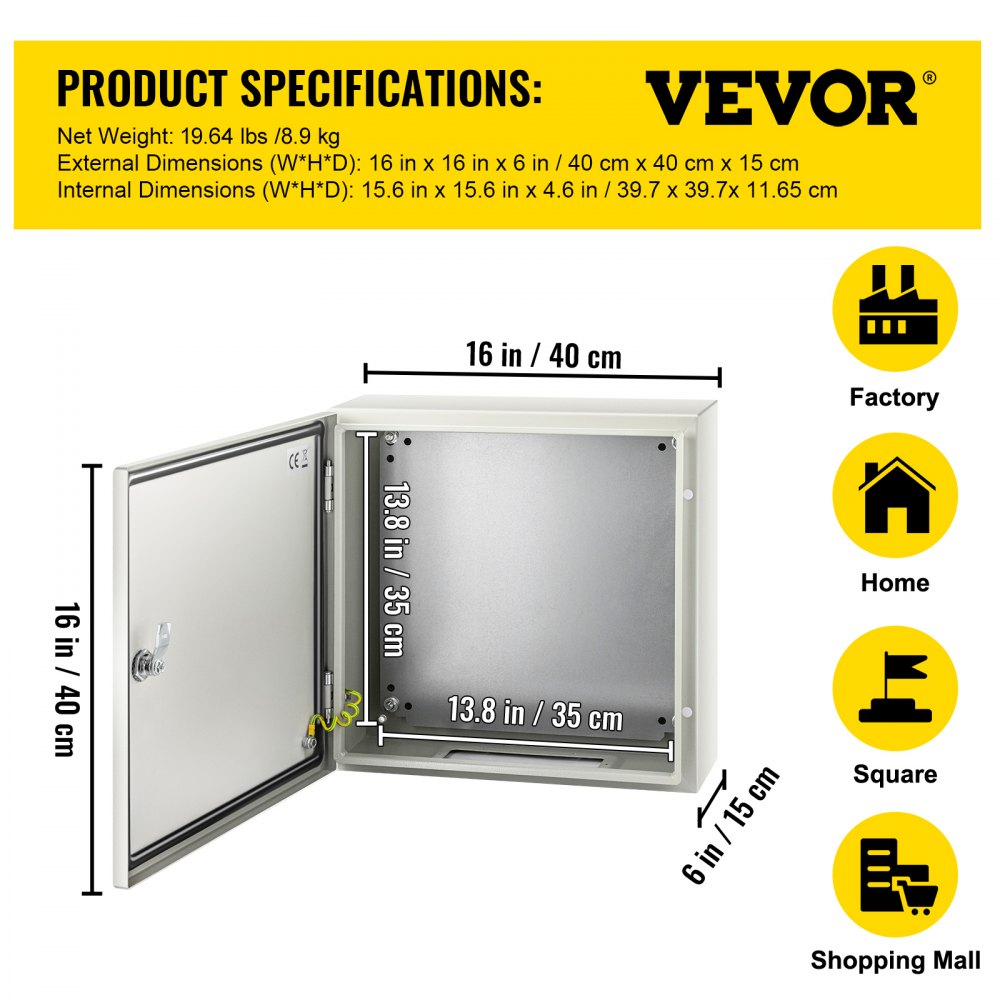 VEVOR NEMA Steel Enclosure, 16 x 16 x 6\'\' NEMA 4X Steel Electrical Box, IP66 Waterproof & Dustproof, Outdoor/Indoor Electrical Junction Box, with Mounting Plate