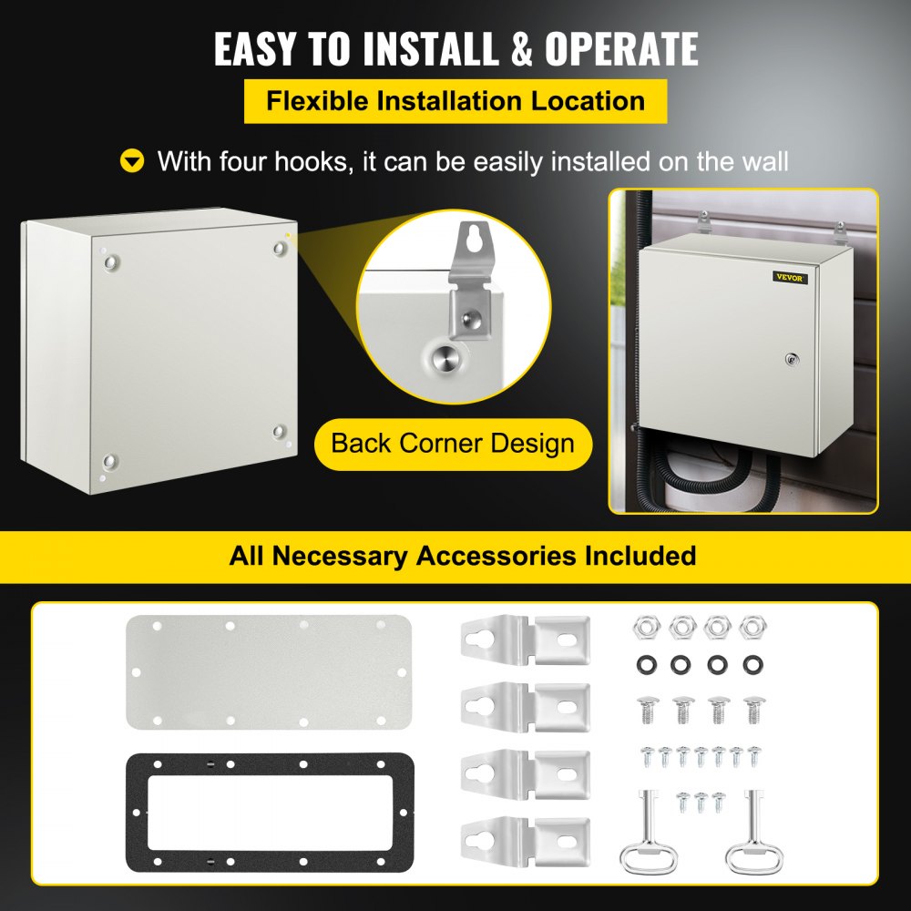 VEVOR NEMA Steel Enclosure, 16 x 16 x 8\'\' NEMA 4X Steel Electrical Box, IP66 Waterproof & Dustproof, Outdoor/Indoor Electrical Junction Box, with Mounting Plate