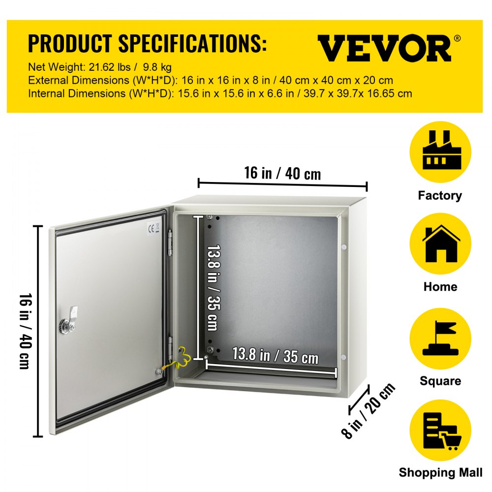 VEVOR NEMA Steel Enclosure, 16 x 16 x 8\'\' NEMA 4X Steel Electrical Box, IP66 Waterproof & Dustproof, Outdoor/Indoor Electrical Junction Box, with Mounting Plate