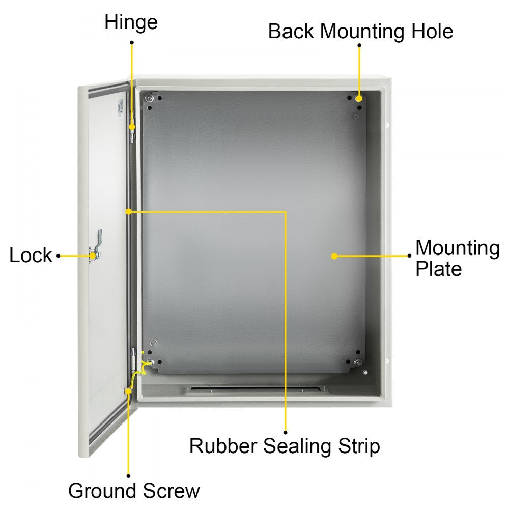 VEVOR NEMA Steel Case, 20x16x6'' NEMA 4X Metal Electric Enclosure, IP66 Water & Dust Resistant, Suitable for Both Outdoor/Indoor Use, Includes Mounting Plate