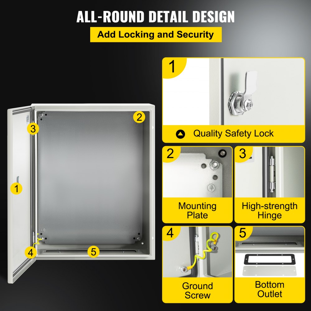 VEVOR NEMA Steel Case, 20x16x8'' NEMA 4X Metal Electric Enclosure, IP66 Water & Dust Resistant, Suitable for Both Outdoor & Indoor Use, Includes Mounting Plate