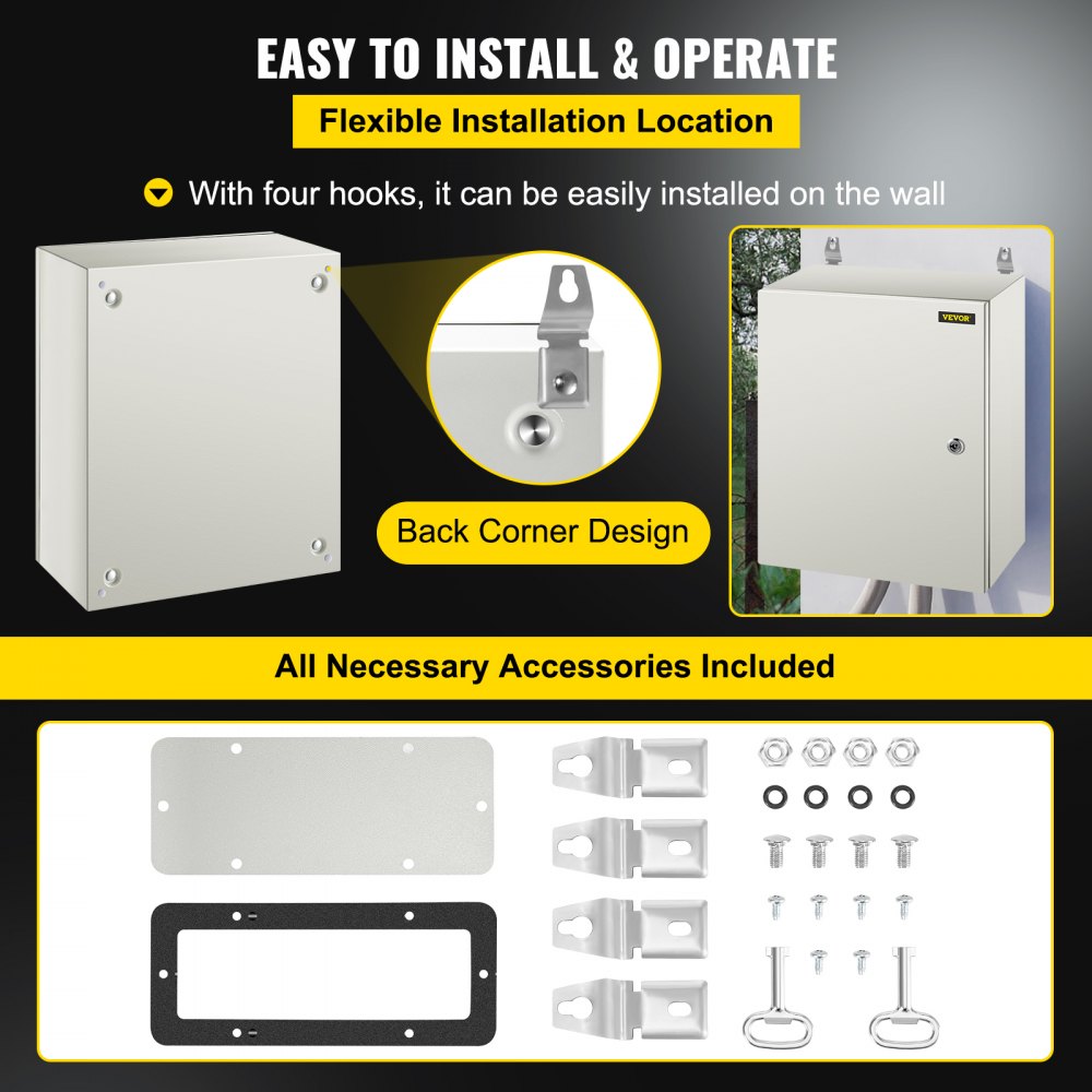 VEVOR NEMA Steel Case, 20x16x8'' NEMA 4X Metal Electric Enclosure, IP66 Water & Dust Resistant, Suitable for Both Outdoor & Indoor Use, Includes Mounting Plate