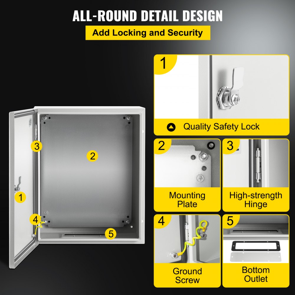 VEVOR NEMA Steel Enclosure, 20 x 16 x 10\'\' NEMA 4X Steel Electrical Box, IP66 Waterproof & Dustproof, Outdoor/Indoor Electrical Junction Box, with Mounting Plate