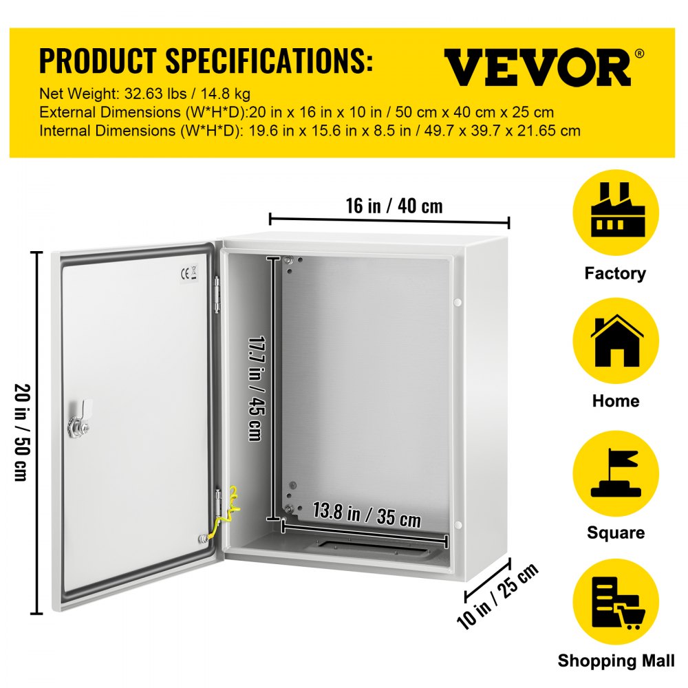 VEVOR NEMA Steel Enclosure, 20 x 16 x 10\'\' NEMA 4X Steel Electrical Box, IP66 Waterproof & Dustproof, Outdoor/Indoor Electrical Junction Box, with Mounting Plate