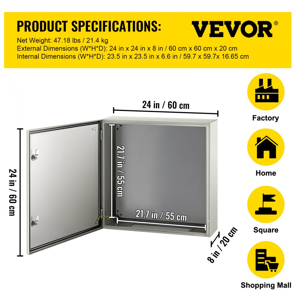 VEVOR NEMA Steel Case, 24x24x8'' NEMA 4X Metal Electric Enclosure, IP66 Water & Dust Resistant, Suitable for Both Outdoor & Indoor Use, Includes Mounting Plate