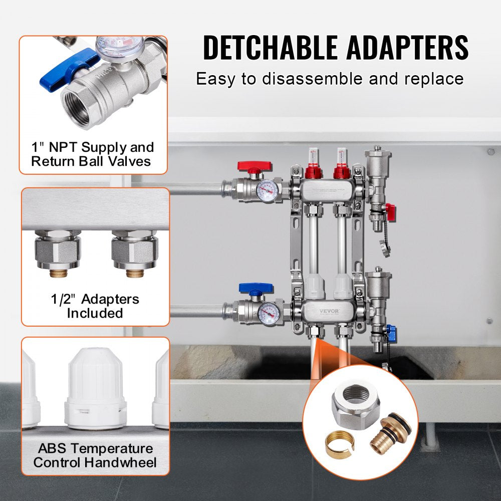 VEVOR 2-Branch Radiant Heat Manifold, 1/2" PEX Tubing Manifold, Stainless Steel PEX Manifold for Hydronic Radiant Floor Heating, Radiant Heat PEX Manifold Kit with 1/2" Adapters Included