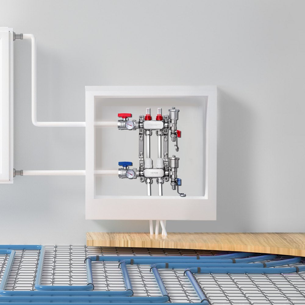VEVOR 2-Branch Radiant Heat Manifold, 1/2" PEX Tubing Manifold, Stainless Steel PEX Manifold for Hydronic Radiant Floor Heating, Radiant Heat PEX Manifold Kit with 1/2" Adapters Included