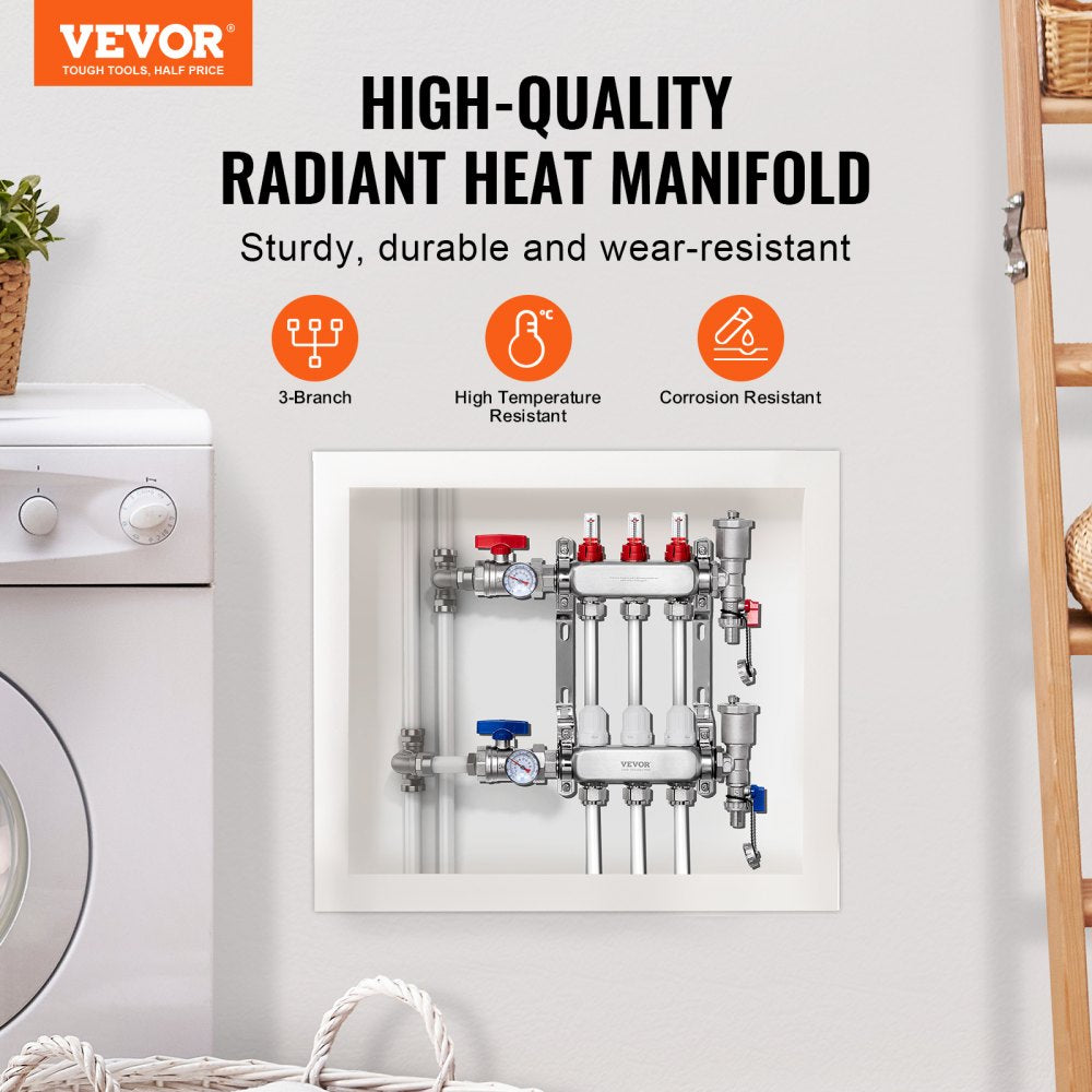 VEVOR 3-Branch Radiant Heat Manifold, 1/2" PEX Tubing Manifold, Stainless Steel PEX Manifold for Hydronic Radiant Floor Heating, Radiant Heat PEX Manifold Kit with 1/2" Adapters Included