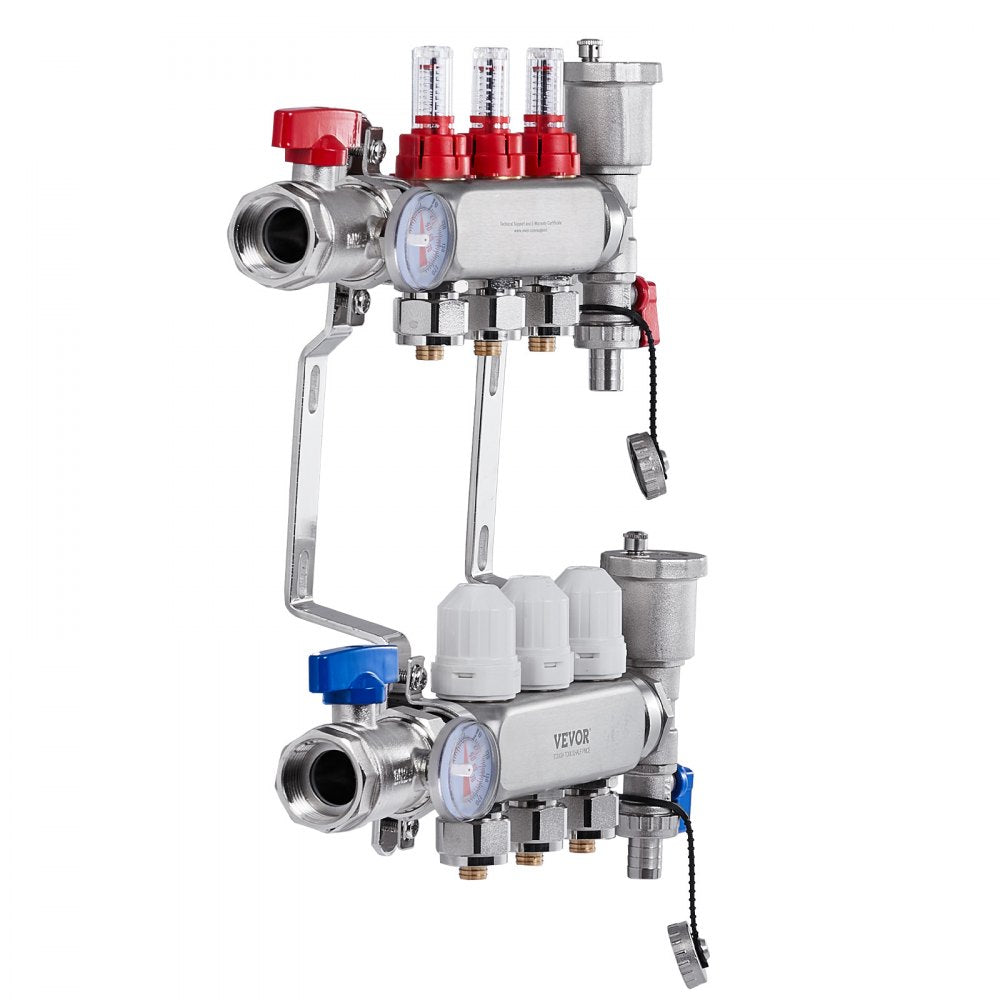 VEVOR 3-Branch Radiant Heat Manifold, 1/2" PEX Tubing Manifold, Stainless Steel PEX Manifold for Hydronic Radiant Floor Heating, Radiant Heat PEX Manifold Kit with 1/2" Adapters Included