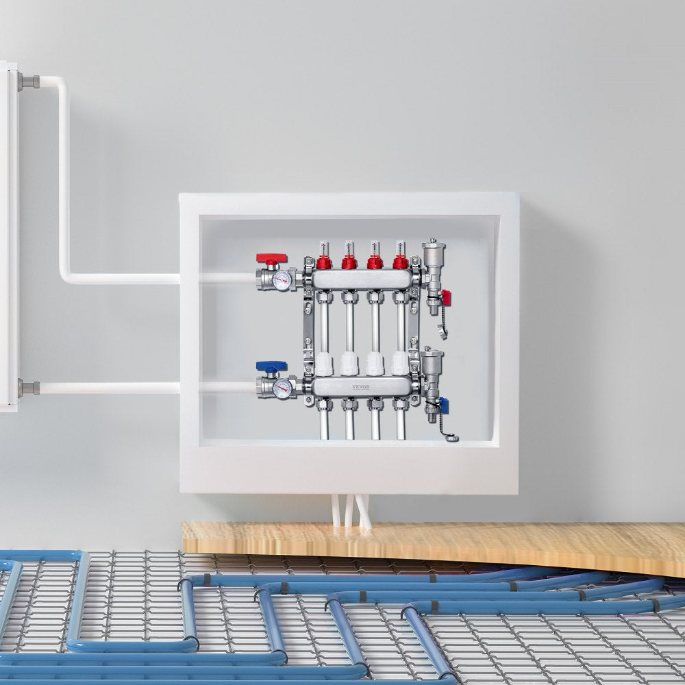 VEVOR 4-Branch Radiant Heat Manifold, 1/2" PEX Tubing Manifold, Stainless Steel PEX Manifold for Hydronic Radiant Floor Heating, Radiant Heat PEX Manifold Kit with 1/2" Adapters Included