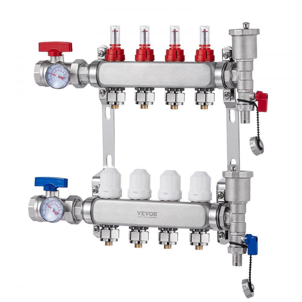 VEVOR 4-Branch Radiant Heat Manifold, 1/2" PEX Tubing Manifold, Stainless Steel PEX Manifold for Hydronic Radiant Floor Heating, Radiant Heat PEX Manifold Kit with 1/2" Adapters Included