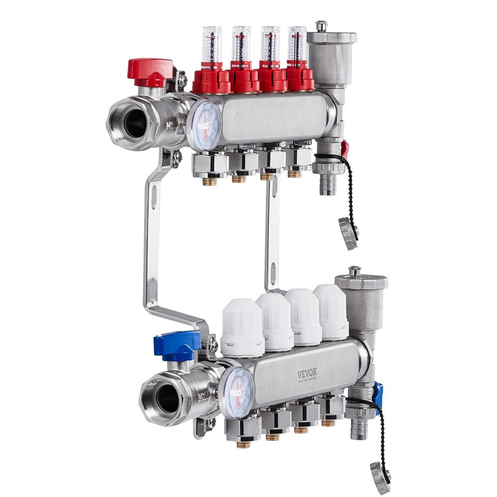 VEVOR 4-Branch Radiant Heat Manifold, 1/2" PEX Tubing Manifold, Stainless Steel PEX Manifold for Hydronic Radiant Floor Heating, Radiant Heat PEX Manifold Kit with 1/2" Adapters Included