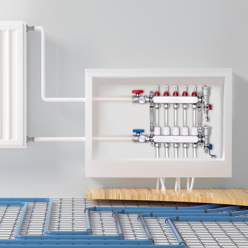 VEVOR 5-Branch Radiant Heat Manifold, 1/2" PEX Tubing Manifold, Stainless Steel PEX Manifold for Hydronic Radiant Floor Heating, Radiant Heat PEX Manifold Kit with 1/2" Adapters Included