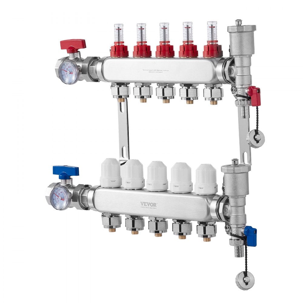VEVOR 5-Branch Radiant Heat Manifold, 1/2" PEX Tubing Manifold, Stainless Steel PEX Manifold for Hydronic Radiant Floor Heating, Radiant Heat PEX Manifold Kit with 1/2" Adapters Included