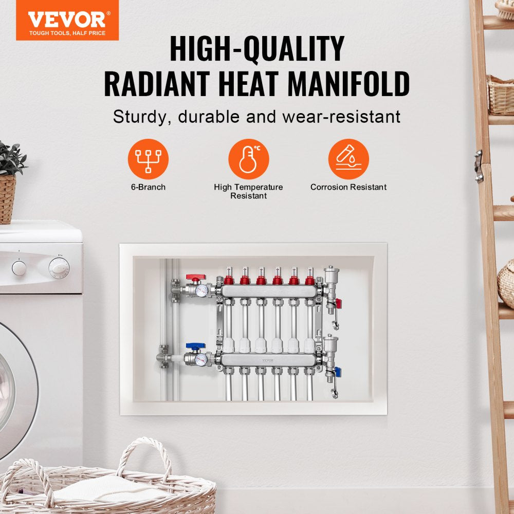 VEVOR 6-Branch Radiant Heat Manifold, 1/2" PEX Tubing Manifold, Stainless Steel PEX Manifold for Hydronic Radiant Floor Heating, Radiant Heat PEX Manifold Kit with 1/2" Adapters Included