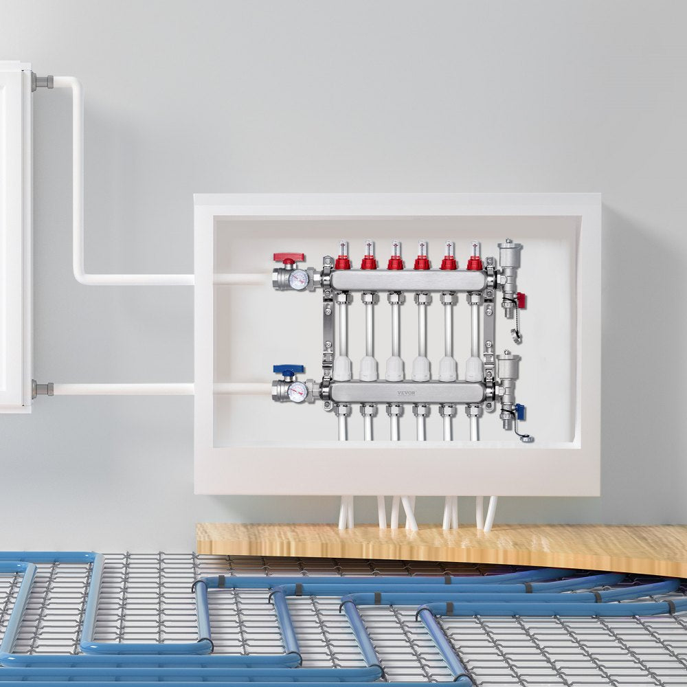 VEVOR 6-Branch Radiant Heat Manifold, 1/2" PEX Tubing Manifold, Stainless Steel PEX Manifold for Hydronic Radiant Floor Heating, Radiant Heat PEX Manifold Kit with 1/2" Adapters Included