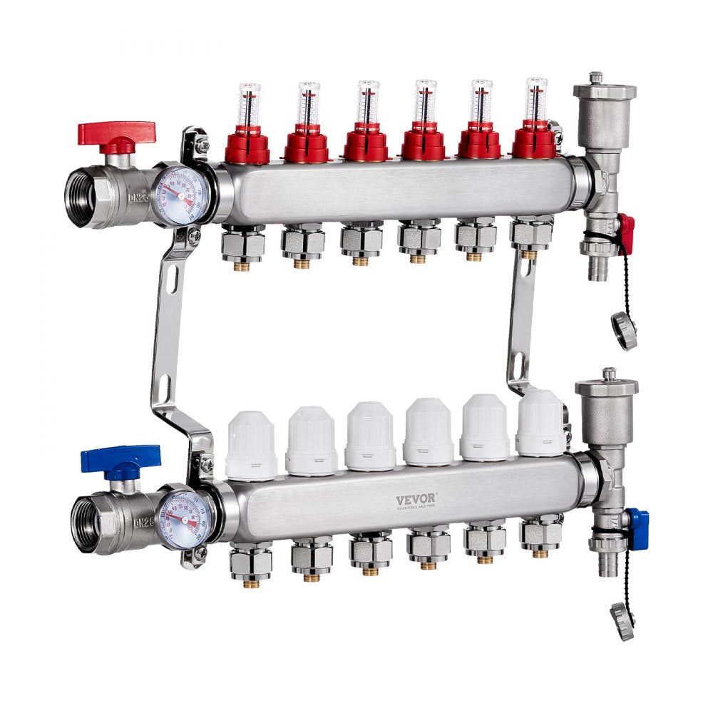 VEVOR 6-Branch Radiant Heat Manifold, 1/2" PEX Tubing Manifold, Stainless Steel PEX Manifold for Hydronic Radiant Floor Heating, Radiant Heat PEX Manifold Kit with 1/2" Adapters Included