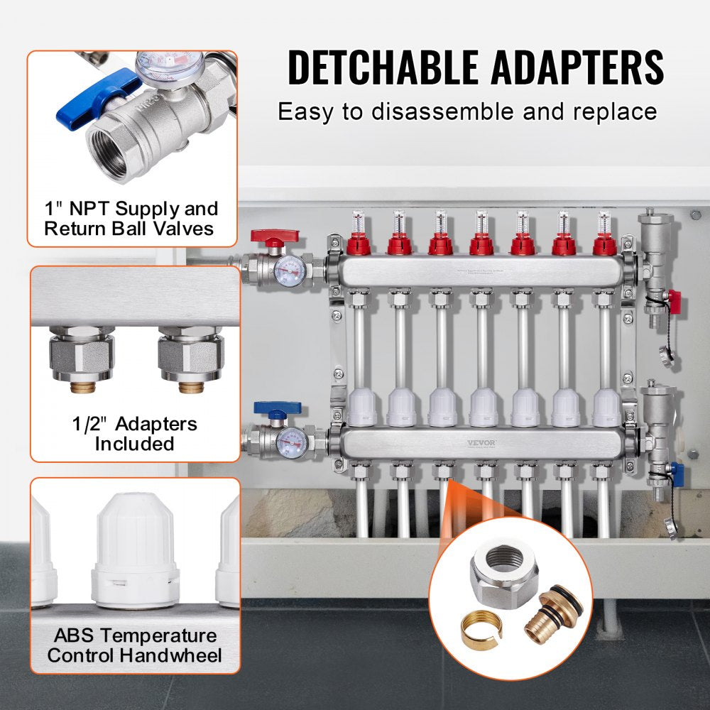VEVOR 7-Branch Radiant Heat Manifold, 1/2" PEX Tubing Manifold, Stainless Steel PEX Manifold for Hydronic Radiant Floor Heating, Radiant Heat PEX Manifold Kit with 1/2" Adapters Included