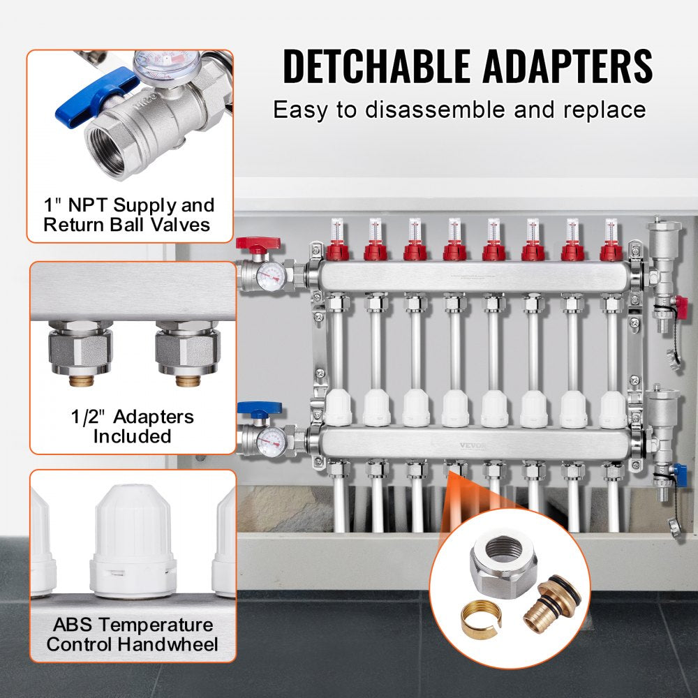 VEVOR 8-Branch Radiant Heat Manifold, 1/2" PEX Tubing Manifold, Stainless Steel PEX Manifold for Hydronic Radiant Floor Heating, Radiant Heat PEX Manifold Kit with 1/2" Adapters Included