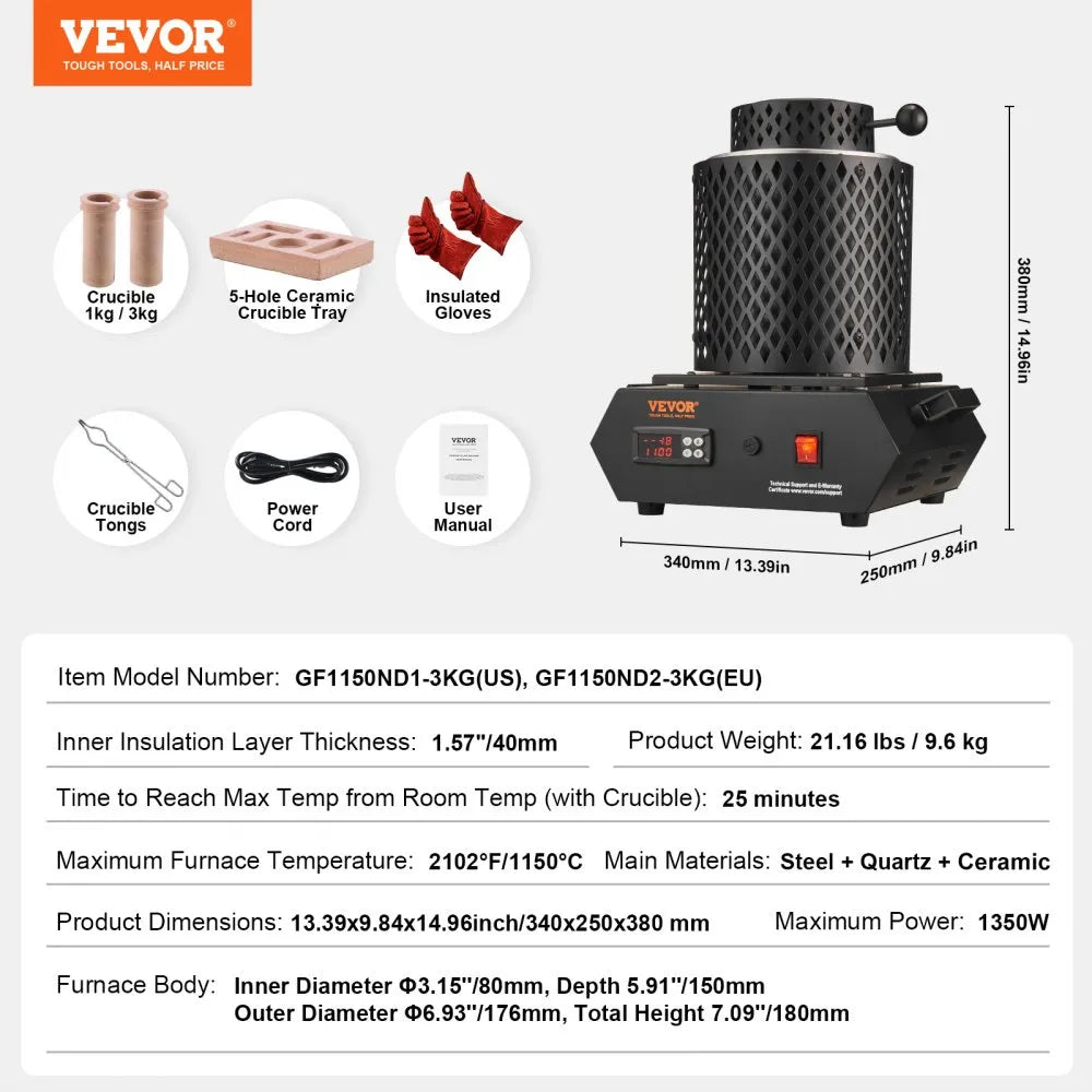 VEVOR Gold Melting Furnace, 1350W, 2102 ℉ Max Temperature, Digital Electric Melting Furnace with 1 kg and 3 kg Ceramic Crucibles, Crucible Tongs, and Gloves, for Gold, Silver, Aluminum, Copper