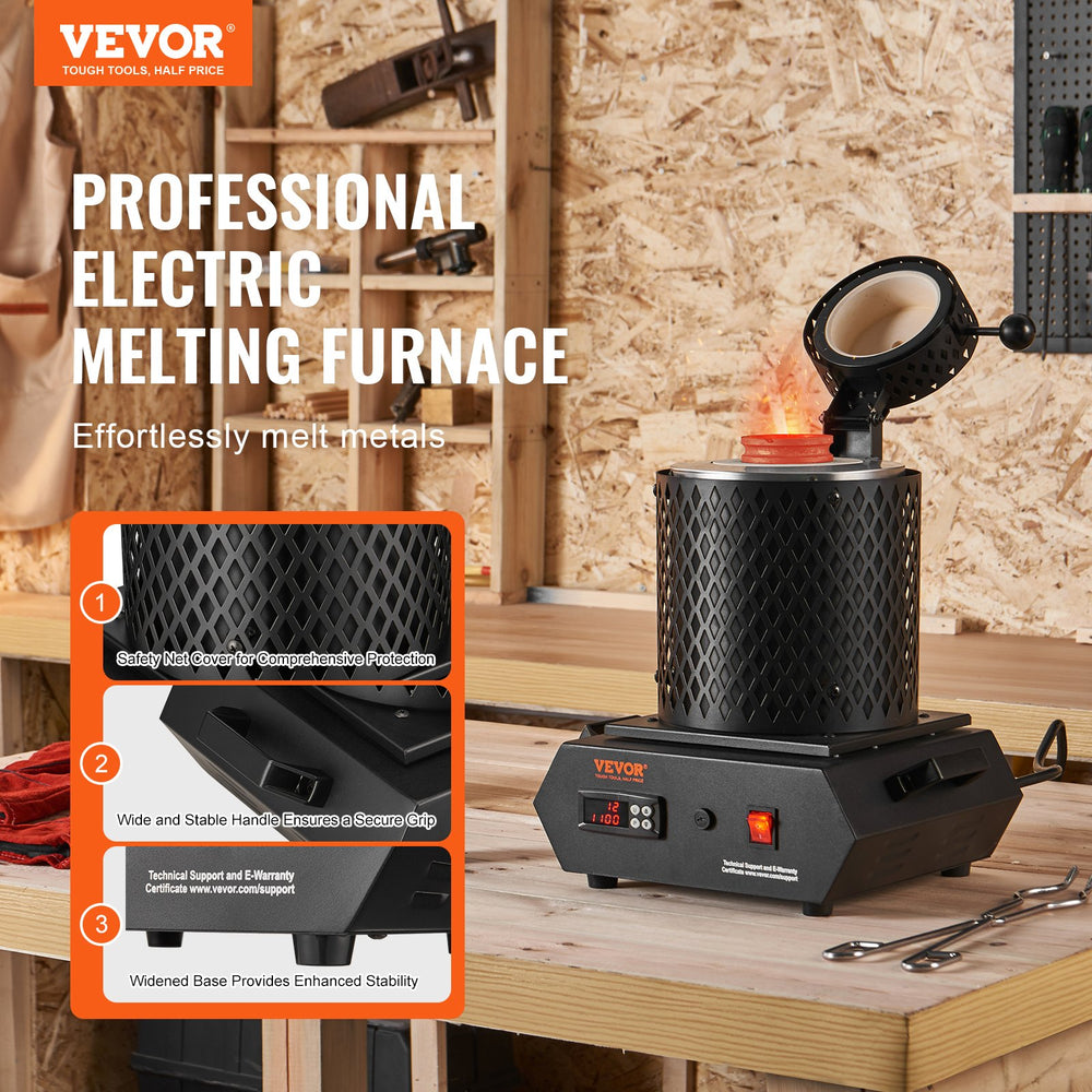 VEVOR Gold Melting Furnace, 1350W, 2102 ℉ Max Temperature, Digital Electric Melting Furnace with 1 kg and 3 kg Ceramic Crucibles, Crucible Tongs, and Gloves, for Gold, Silver, Aluminum, Copper