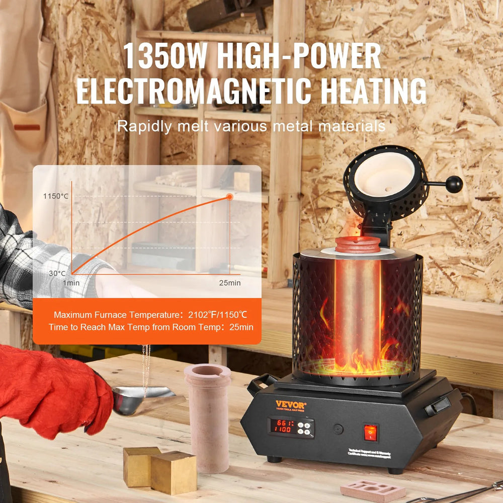 VEVOR Gold Melting Furnace, 1350W, 2102 ℉ Max Temperature, Digital Electric Melting Furnace with 1 kg and 3 kg Ceramic Crucibles, Crucible Tongs, and Gloves, for Gold, Silver, Aluminum, Copper