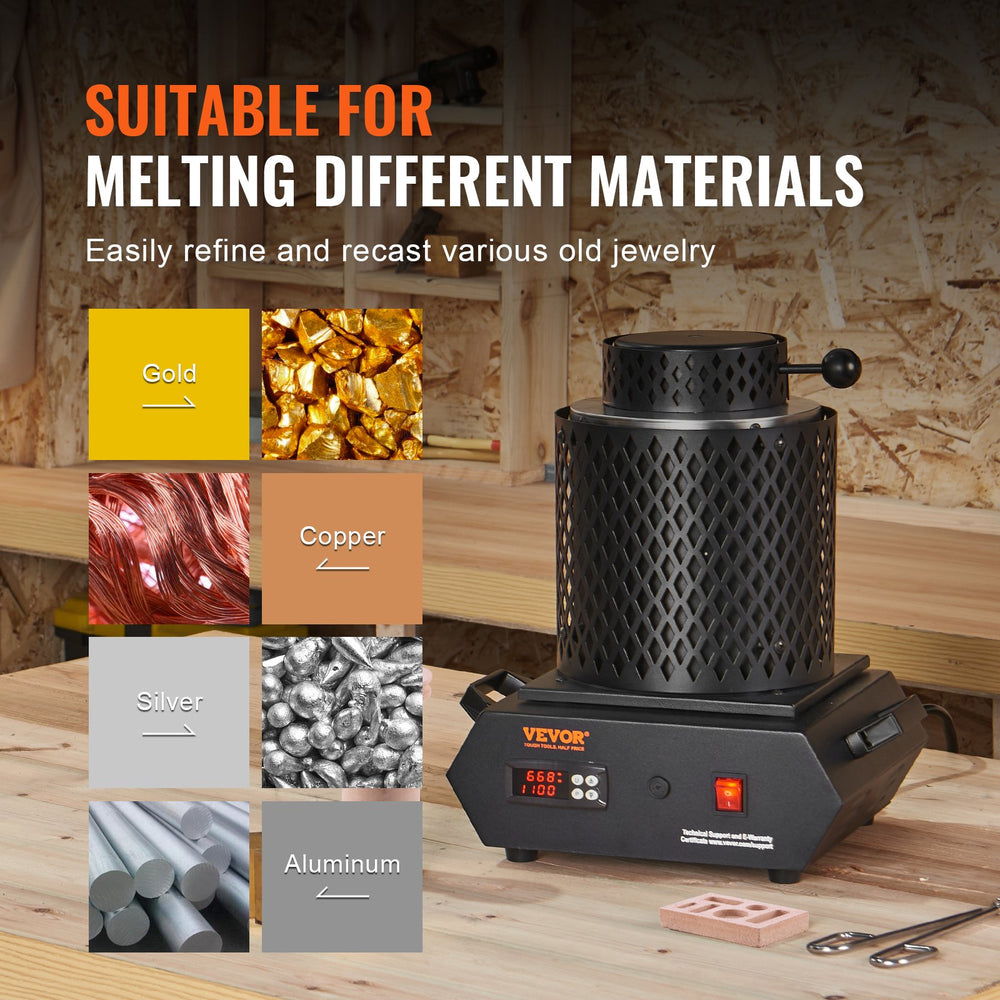 VEVOR Gold Melting Furnace, 1350W, 2102 ℉ Max Temperature, Digital Electric Melting Furnace with 1 kg and 3 kg Ceramic Crucibles, Crucible Tongs, and Gloves, for Gold, Silver, Aluminum, Copper