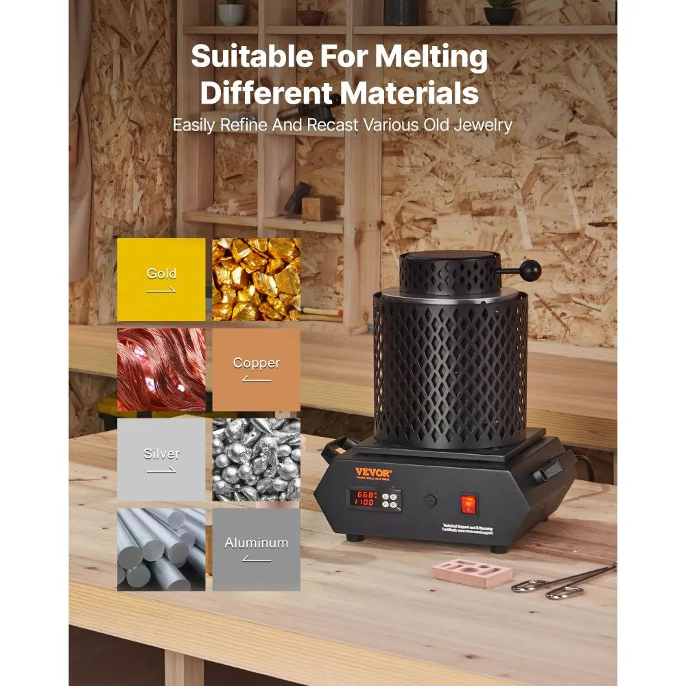 VEVOR Gold Melting Furnace, 1350W, 2102 ℉, PID Digital Electric Melting Furnace with 1 kg and 3 kg Ceramic Crucibles, Insulated Gloves, Crucible Tongs and Tray, for Gold, Silver, Aluminum, Copper