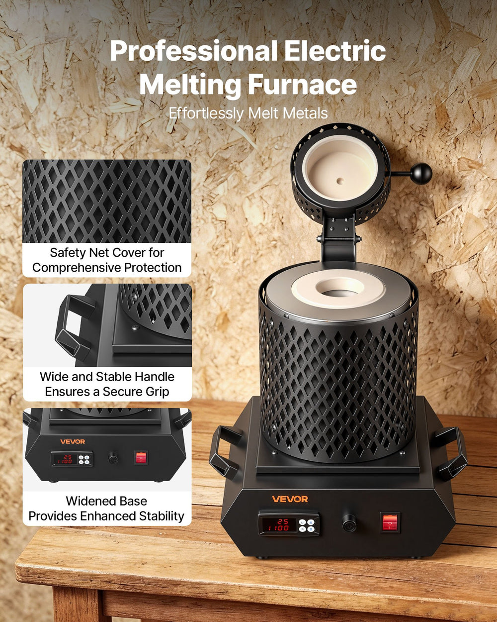 VEVOR Gold Melting Furnace, 1350W, 2102 ℉, PID Digital Electric Melting Furnace with 1 kg and 3 kg Ceramic Crucibles, Insulated Gloves, Crucible Tongs and Tray, for Gold, Silver, Aluminum, Copper