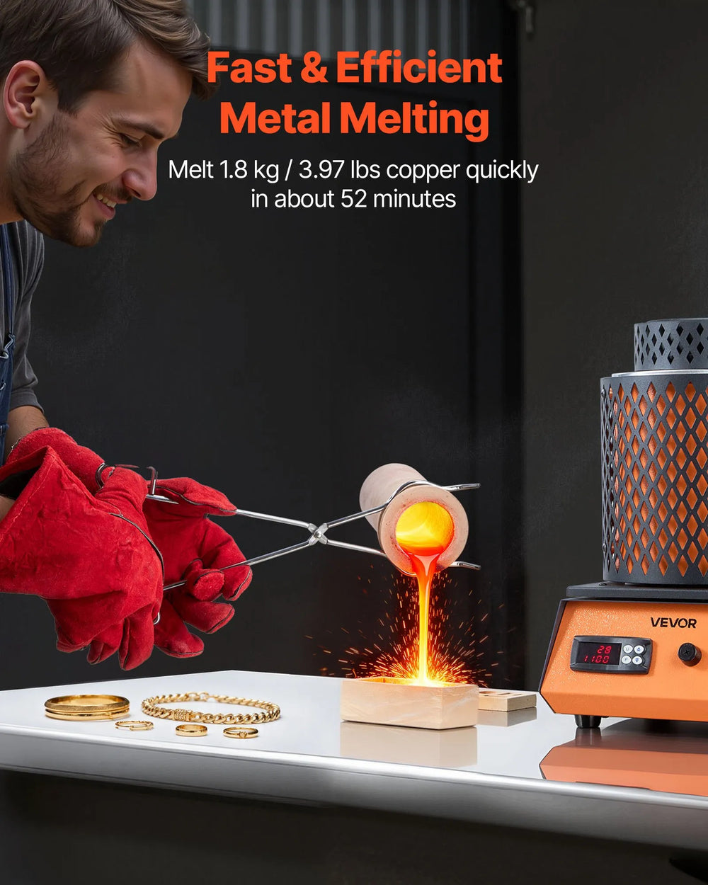 VEVOR electric melting furnace pouring molten metal - fast and efficient melting