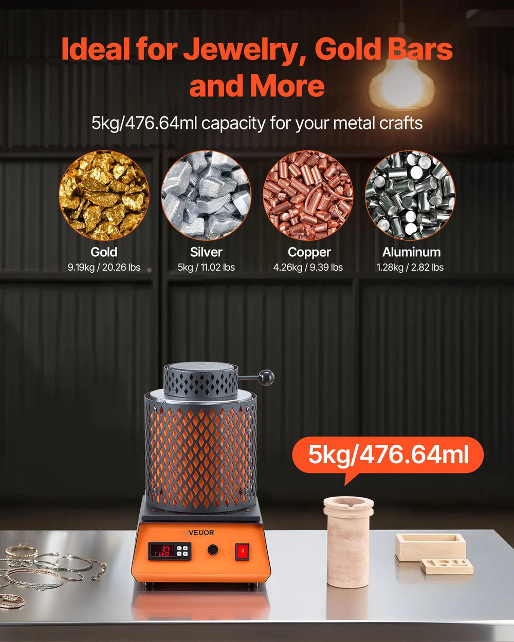 VEVOR electric melting furnace 5kg capacity - suitable for gold, silver, copper, aluminum