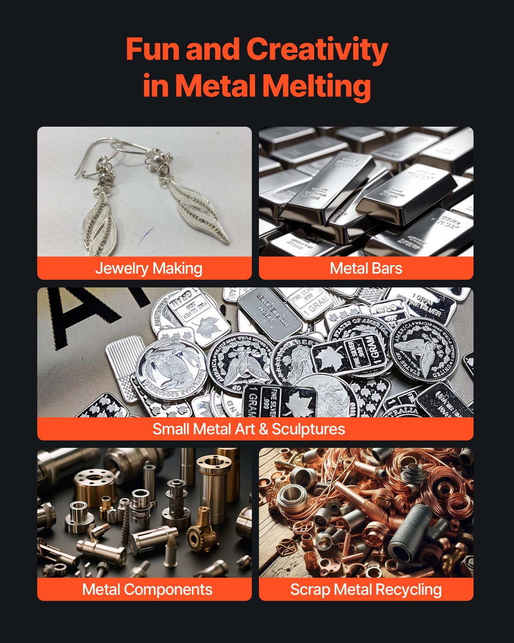 Use cases for jewelry making, metal bars, sculptures, components, scrap recycling