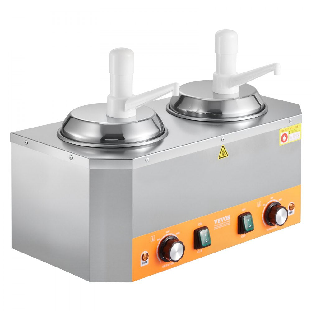 VEVOR Electric Cheese Dispenser with Pumps, 2.4x2 L Commercial Hot Fudge Warmer, Plastic Double Pumps Dispenser, 86-230℉ Temp Adjustable Nacho Cheese Sauce Warmer, for Hot Fudge Cheese Caramel