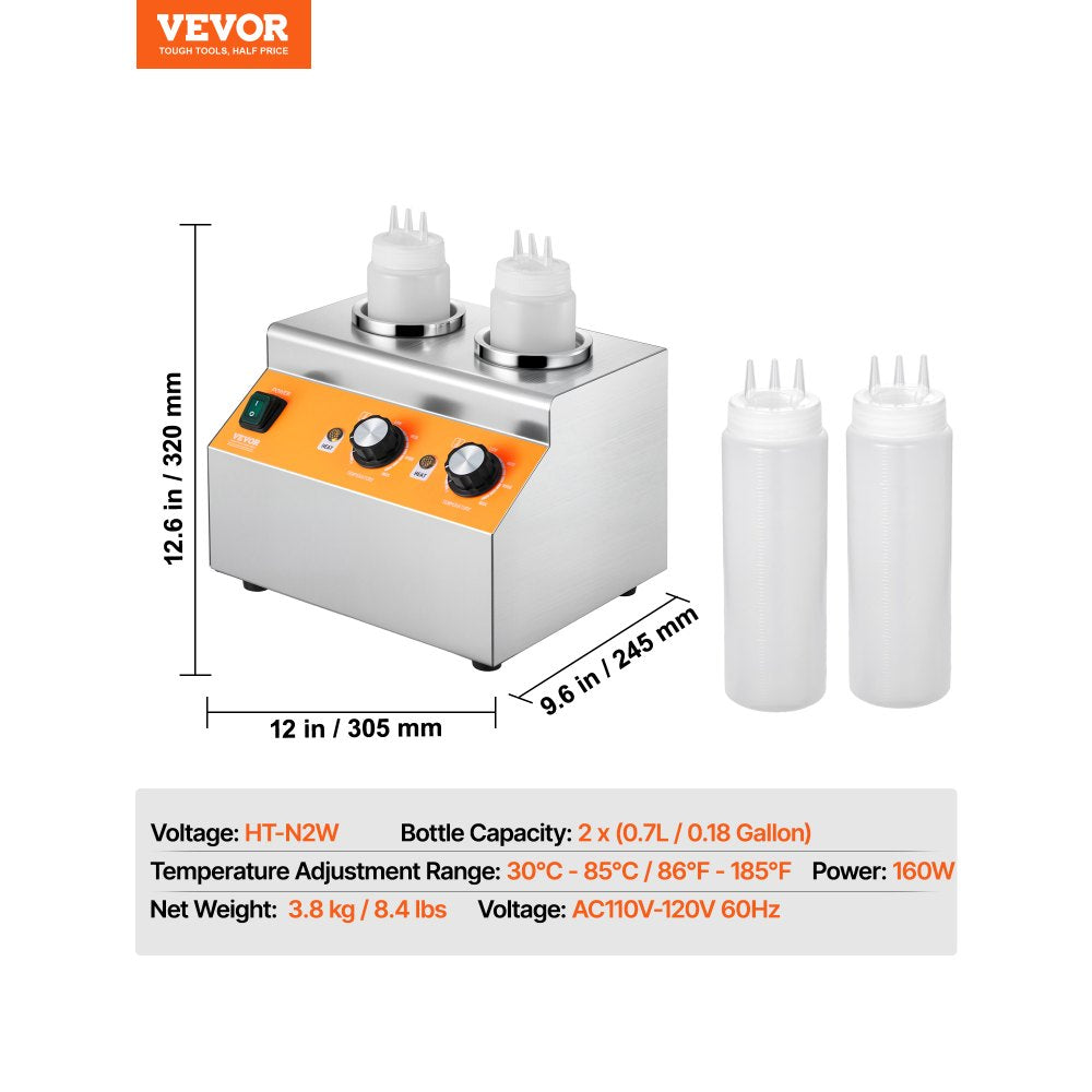 VEVOR Electric Bottle Warmer with Bottles, 0.8x2 LCommercial Cheese Dispenser, Hot Fudge Warmer 86-185℉ Temp Adjustable, Plastic Double Bottles Nacho Cheese Warmer, for Hot Fudge Cheese Caramel