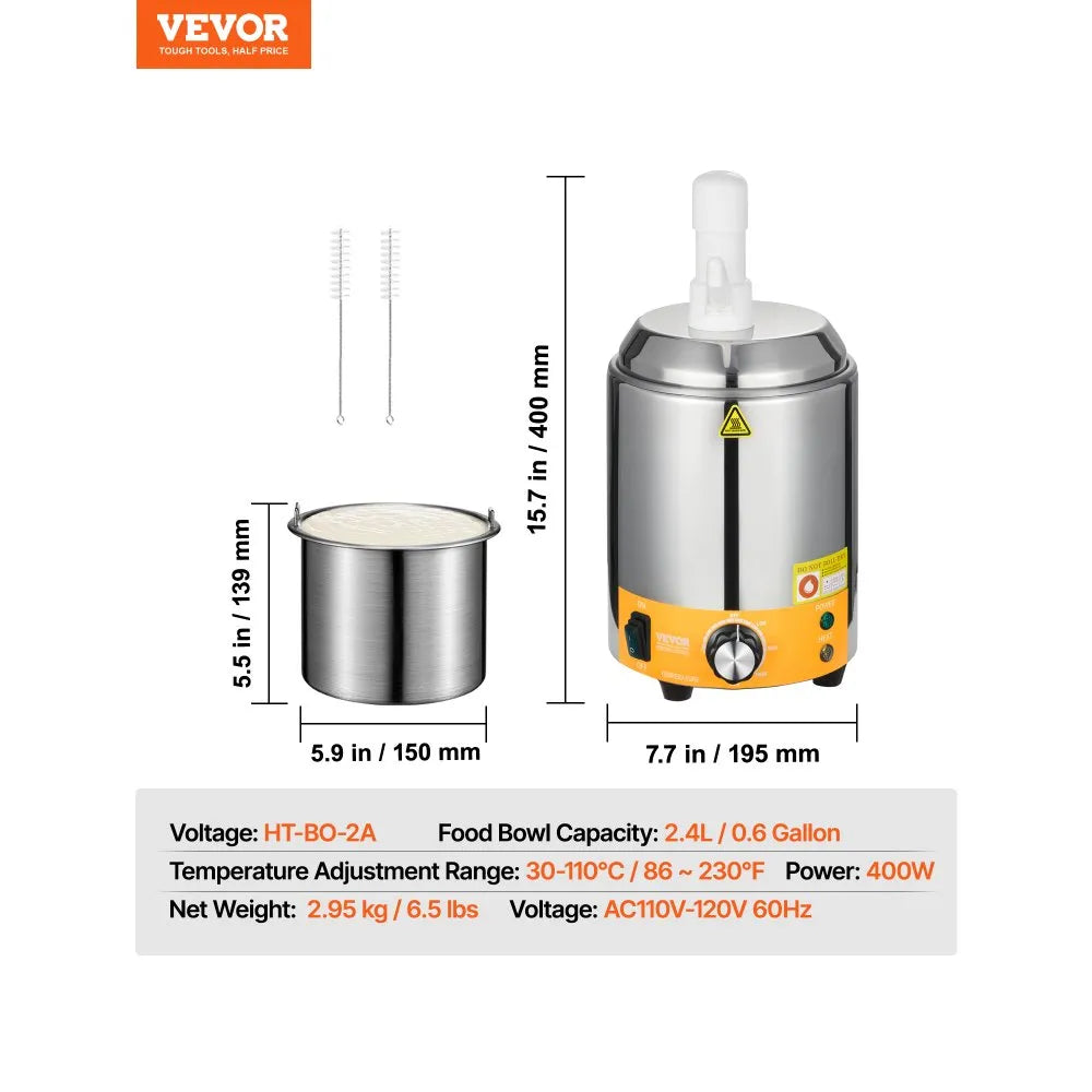 VEVOR Electric Cheese Dispenser with Pump, 2.4L Commercial Hot Fudge Warmer, Plastic Pump Dispenser, 86-230℉ Temp Adjustable Nacho Cheese Sauce Warmer, for Hot Fudge Cheese Caramel