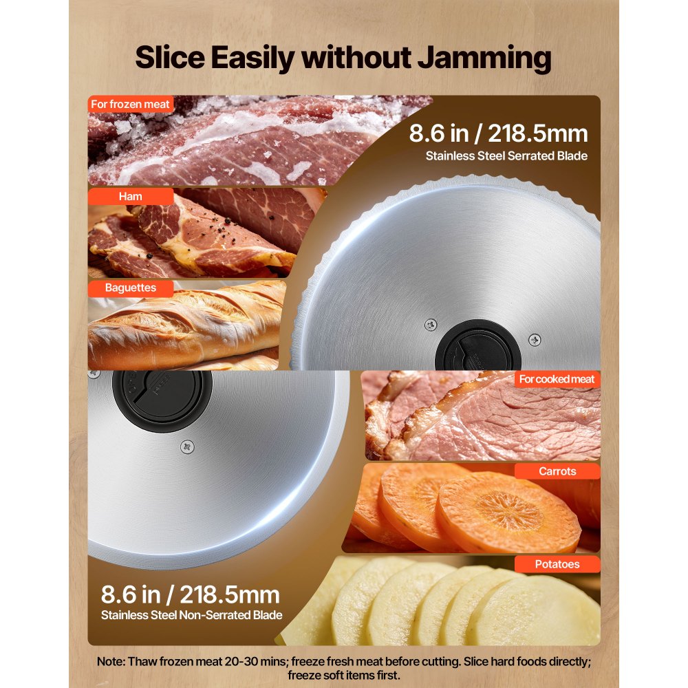 VEVOR Meat Slicer, 8.6" Electric Deli Slicer with 2 SUS420 Blades & 0-0.6" Adjustable Thickness, Dual Security Lock, 200W Home Food-Slicer for Frozen Meat, Ham, Baguett, Steak, ETL Approved