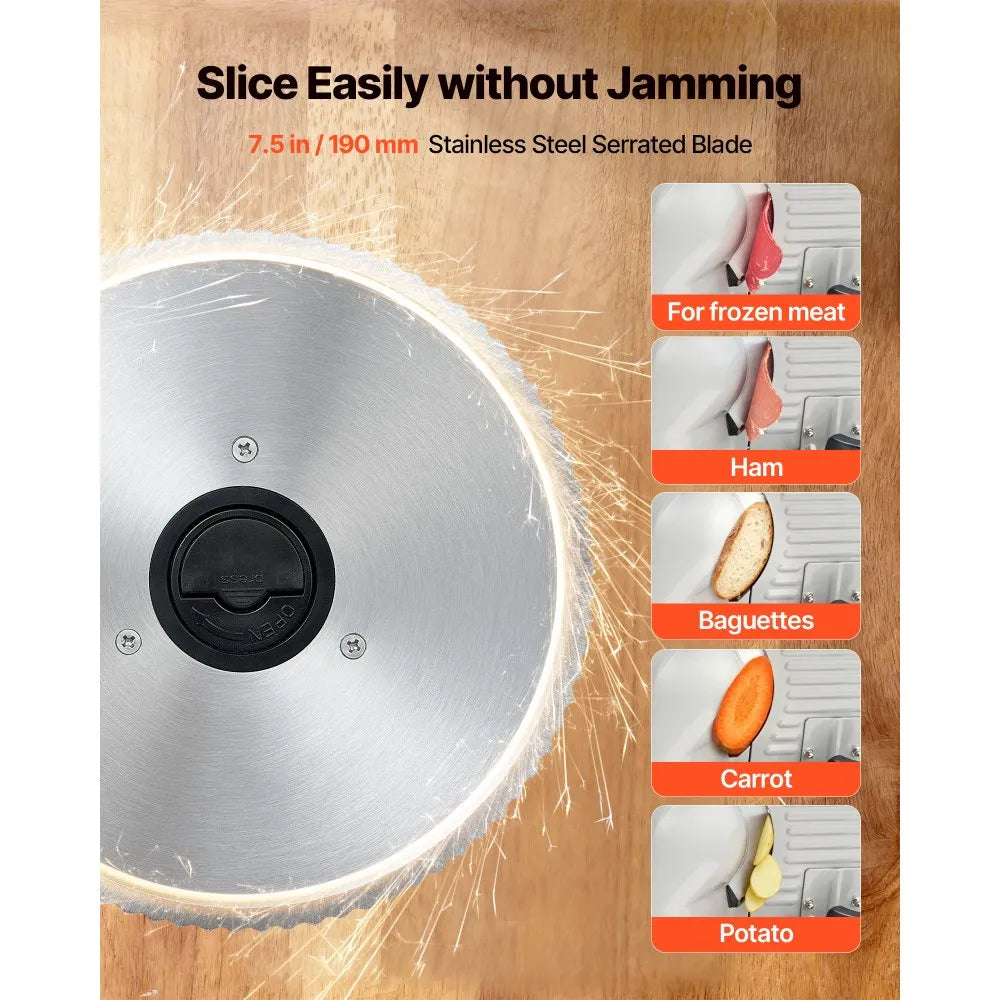 VEVOR Meat Slicer, 7.5 inch 200W Electric Deli Slicer Machine with  SUS420 Blade, 0-0.6 inch Adjustable Thickness, ETL Certified Home Food-Slicer for Meat, Ham, Baguett, Steak, ETL Approved