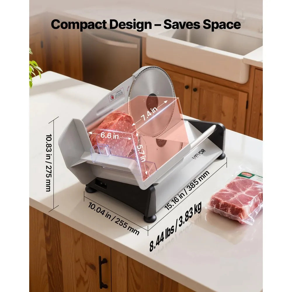VEVOR Meat Slicer, 7.5 inch 200W Electric Deli Slicer Machine with  SUS420 Blade, 0-0.6 inch Adjustable Thickness, ETL Certified Home Food-Slicer for Meat, Ham, Baguett, Steak, ETL Approved