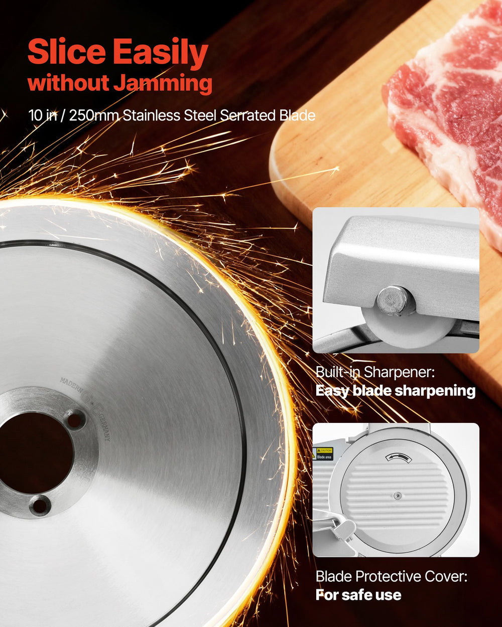 10 inch / 250 mm blade with built-in sharpener and protective cover - infographic