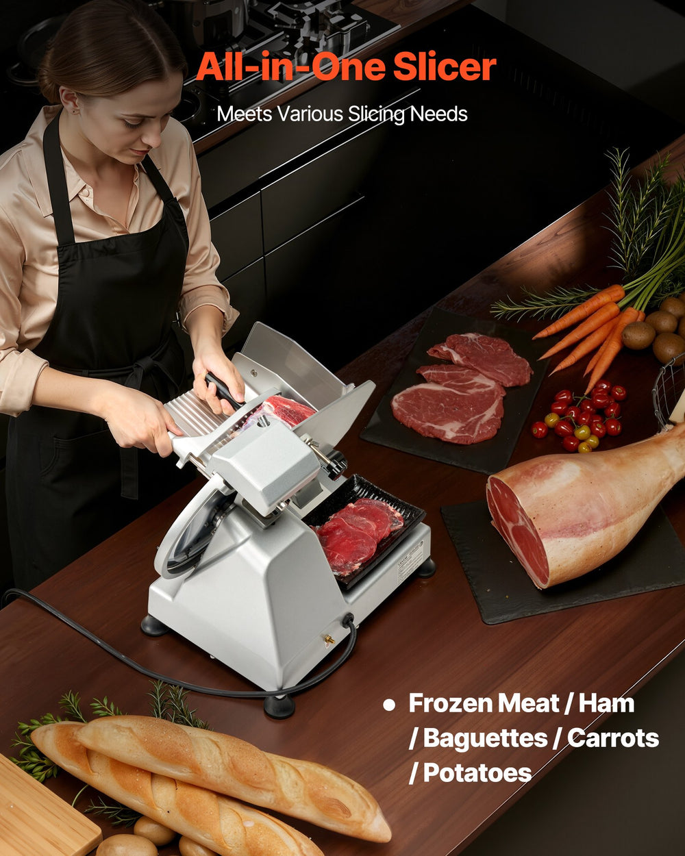 All-in-one slicer for frozen meat, ham, baguettes, vegetables and more - infographic