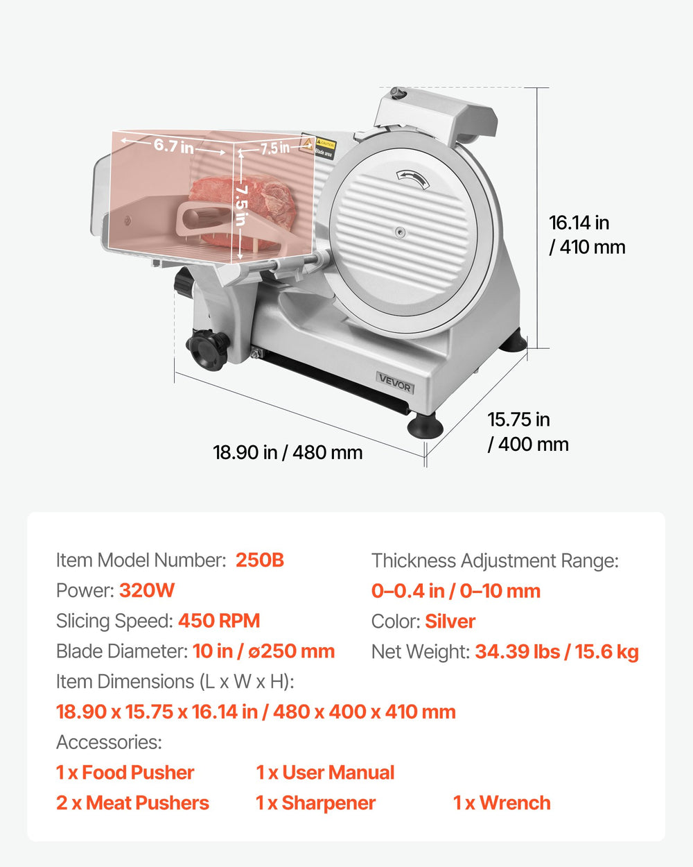 VEVOR meat slicer model 250B dimensions and included accessories - infographic
