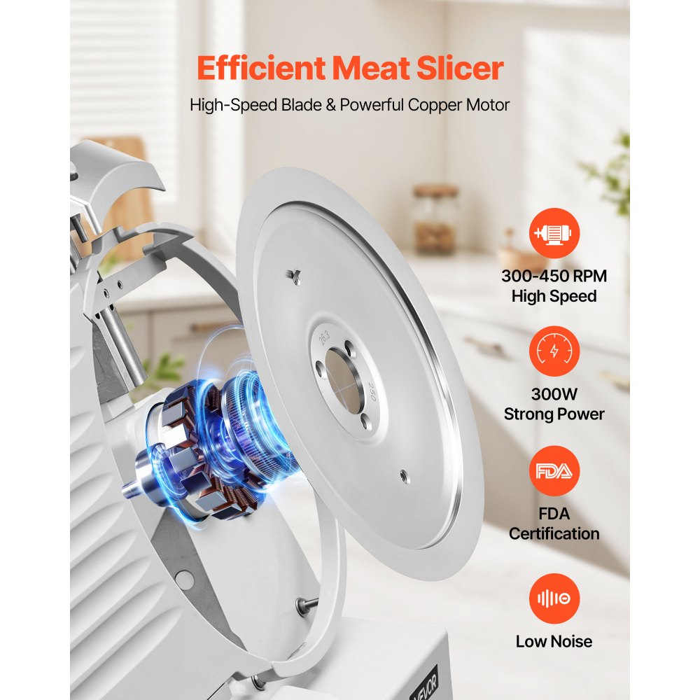 VEVOR Commercial Meat Slicer, 300W Electric Cutter, Removable 10" Carbon Steel Blade and Food Tray, 0-0.47" Adjustable Thickness Food Slicer Machine,for Frozen Meat, Ham, Baguett, Steak, ETL Approved