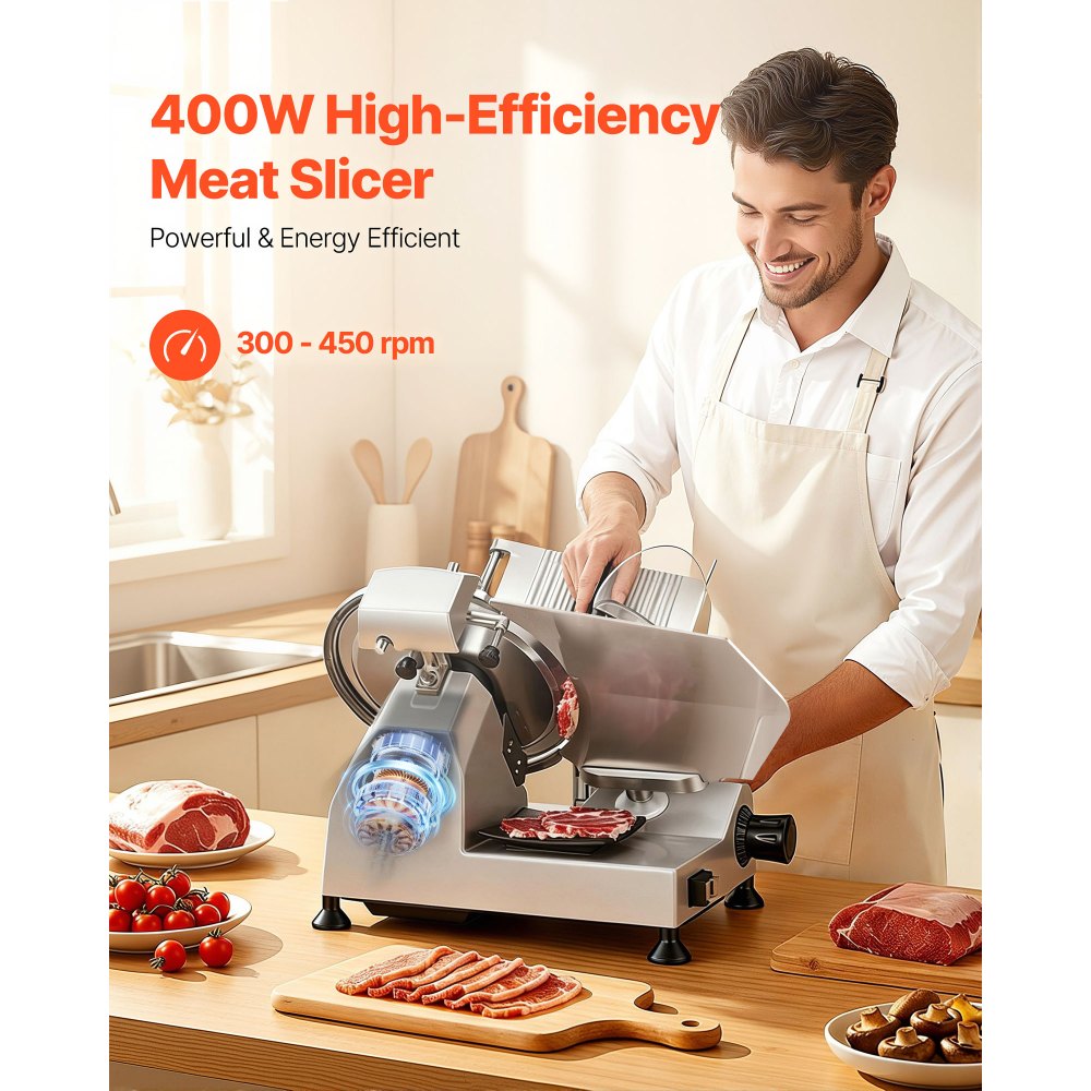 VEVOR Commercial Meat Slicer, 400W Electric Cutter, Removable 12" Carbon Steel Blade and Food Tray, 0-0.59" Adjustable Thickness Food Slicer Machine, for Frozen Meat, Ham, Baguett, Steak, ETL Approved